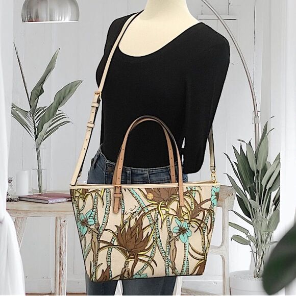 TORY BURCH NATURE PRINTED CANVAS TOTE FLOWERS PALMS BROWN TURQUOISE CREAM - Picture 2 of 11
